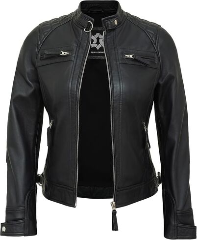 Real Lambskin Trendy Womens Leather Jackets Moto Biker Style Zip Up Motorcycle Jacket Women Outerwear With Pockets in Saudi Arabia
