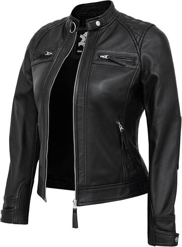 Real Lambskin Trendy Womens Leather Jackets Moto Biker Style Zip Up Motorcycle Jacket Women Outerwear With Pockets in Saudi Arabia