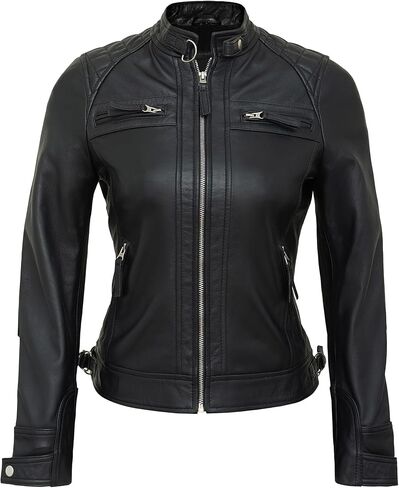 Real Lambskin Trendy Womens Leather Jackets Moto Biker Style Zip Up Motorcycle Jacket Women Outerwear With Pockets in Saudi Arabia