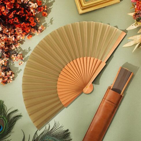 Blulu 2 Pieces Folding Handheld Silk Fan Pear Wood Vintage Spanish Fans with Leather Cover for Women Girls for Renaissance Fairs, LARP, Steampunk, Medieval, Viking, or Cosplay Costume (Vintage Brown) in Saudi Arabia
