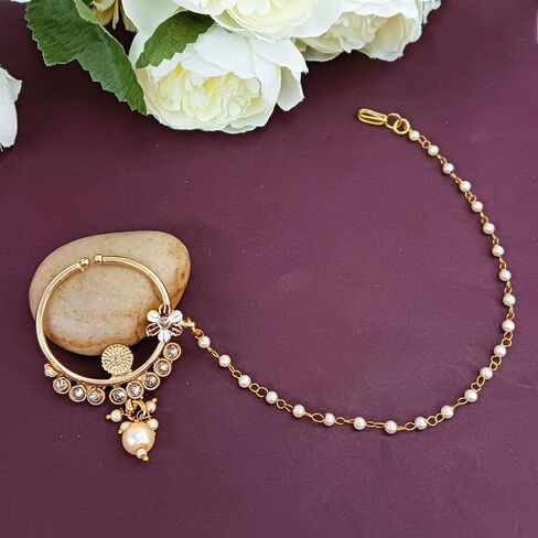 خاتم الأنف الهندي الهندي Efulgenz للنساء مع سلسلة Nath Nate Ring Ring Crystal Wedding Nose Ring Hoop Pin Sud in Saudi Arabia