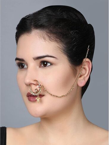خاتم الأنف الهندي الهندي Efulgenz للنساء مع سلسلة Nath Nate Ring Ring Crystal Wedding Nose Ring Hoop Pin Sud in Saudi Arabia