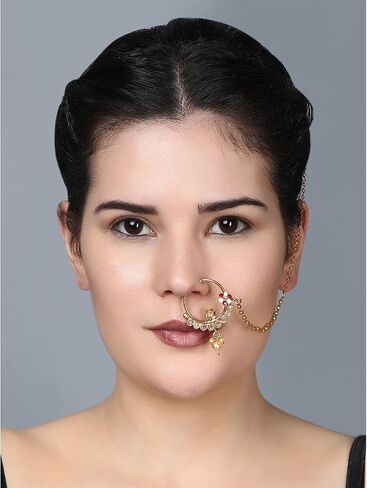 خاتم الأنف الهندي الهندي Efulgenz للنساء مع سلسلة Nath Nate Ring Ring Crystal Wedding Nose Ring Hoop Pin Sud in Saudi Arabia