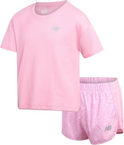 New Balance Girls Active Shorts Set - 2 Piece Performance Ribbed T-Shirt and Shorts - Cute Summer Outfit Set for Girls, 7-12 in Kuwait