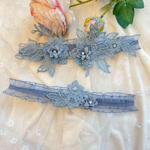 2Pcs Wedding Garter Set Floral Appliques with Rhinestones Bridal Leg Garters for Brides in Saudi Arabia