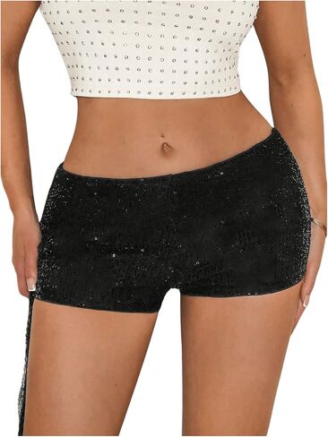 Shenhe Women's Sequin Mini Shorts Low Low Bodycon Y2K Sexy Hot Hot Pants Rave Club Micro Shorts in Saudi Arabia