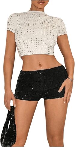 Shenhe Women's Sequin Mini Shorts Low Low Bodycon Y2K Sexy Hot Hot Pants Rave Club Micro Shorts in Saudi Arabia