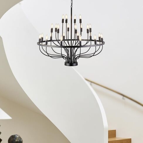 XILICON Black Larger Chandelier 24 Lights Industrial Vintage Ceiling Hanging Light Fixture Modern Candle Industrial Round Iron Chandeliers Wagon Wheel Chandelier Lighting for Dining Room Living Room in Saudi Arabia