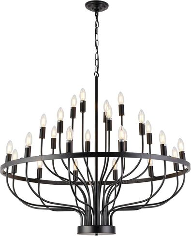 XILICON Black Larger Chandelier 24 Lights Industrial Vintage Ceiling Hanging Light Fixture Modern Candle Industrial Round Iron Chandeliers Wagon Wheel Chandelier Lighting for Dining Room Living Room in Saudi Arabia