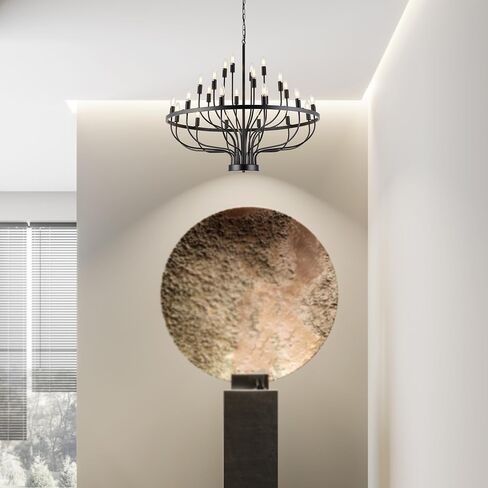 XILICON Black Larger Chandelier 24 Lights Industrial Vintage Ceiling Hanging Light Fixture Modern Candle Industrial Round Iron Chandeliers Wagon Wheel Chandelier Lighting for Dining Room Living Room in Saudi Arabia