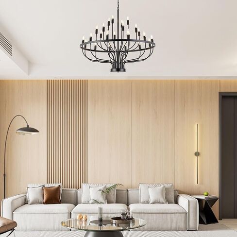 XILICON Black Larger Chandelier 24 Lights Industrial Vintage Ceiling Hanging Light Fixture Modern Candle Industrial Round Iron Chandeliers Wagon Wheel Chandelier Lighting for Dining Room Living Room in Saudi Arabia