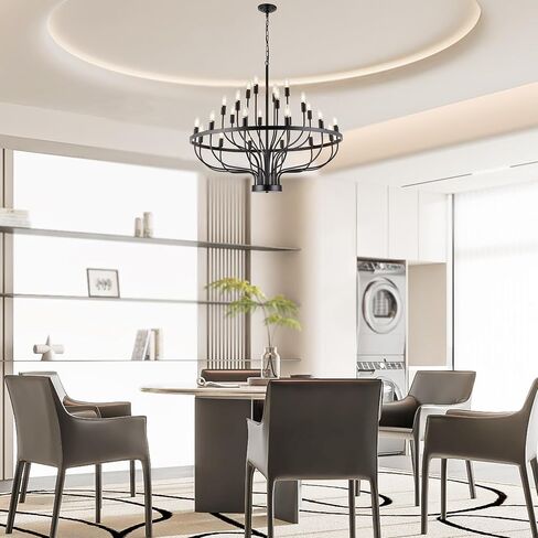 XILICON Black Larger Chandelier 24 Lights Industrial Vintage Ceiling Hanging Light Fixture Modern Candle Industrial Round Iron Chandeliers Wagon Wheel Chandelier Lighting for Dining Room Living Room in Saudi Arabia