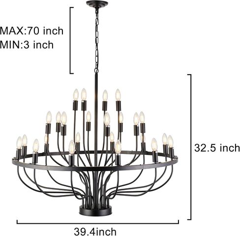 XILICON Black Larger Chandelier 24 Lights Industrial Vintage Ceiling Hanging Light Fixture Modern Candle Industrial Round Iron Chandeliers Wagon Wheel Chandelier Lighting for Dining Room Living Room in Saudi Arabia