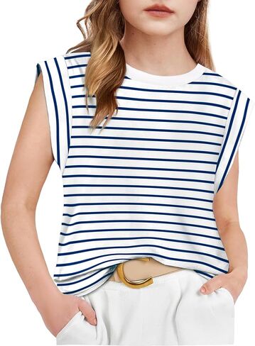 Arshiner Girls T قمصان Cap Capeves Tops Summer Tops Crewneck Tank Lourd Fit Fashion Blouse Tee in Kuwait