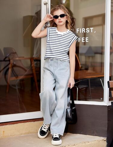 Arshiner Girls T قمصان Cap Capeves Tops Summer Tops Crewneck Tank Lourd Fit Fashion Blouse Tee in Kuwait