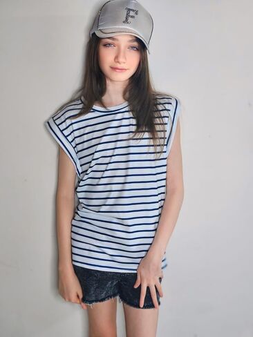 Arshiner Girls T قمصان Cap Capeves Tops Summer Tops Crewneck Tank Lourd Fit Fashion Blouse Tee in Kuwait