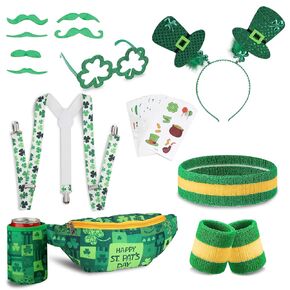 9 Pcs St. Patrick's Day Accessories Set - Includes Headscarf, Wrist Guards Waist Bag Stickers Adjustable Suspender Glasses Hair Accessories for Irish Celebrations.St Patty's Gift Dress up.
