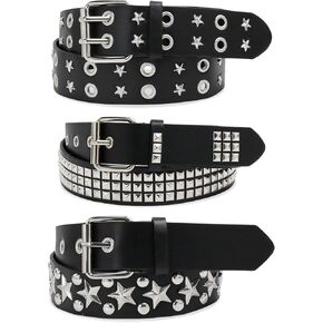 Black Studded Belt, 3 Pcs Y2K Belt Star Goth EMO Punk Rock Double Grommet with Bright Pyramid Studded for Women Men