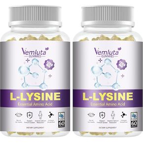 2 Packs 1200 MG L-Lysine Gummies for Immune Support & Collagen Boost - Chewable Lysine Supplement for Adults, Lip ＆ Cold Sore* Support for Women,Blueberry, Non-GMO, Vegan, Gluten Free,120 Counts