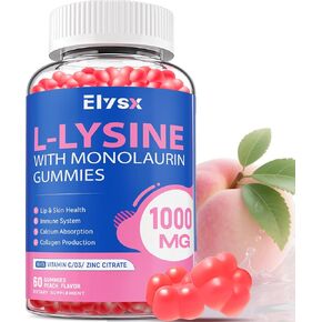 L-Lysine Gummies 1000mg, Sugar-Free Chewable Lysine with Monolaurin Supplement for Adults & Kids, Lips & Oral Health, Immune & Overall Health, Natural Peach Flavor, 60 Count