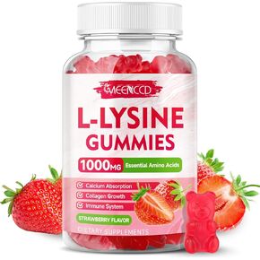 L-Lysine 1000mg Gummies, Lysine Supplement for Adults & Kids, Essential Amino Acid Supplement for Oral & Lips Health, Boost Immune & Calcium & Collagen, Sugar-Free, Strawberry Flavor, 60 Count