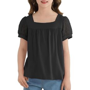 Girls Shirts Puff Short Sleeve Tunic Tops Pleated Square Neck Loose Blouse for Girl Summer Casual Blouse Tee