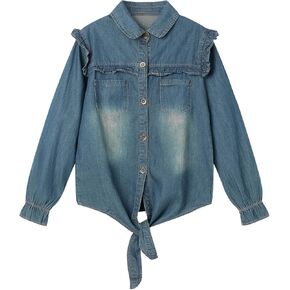 LittleSpring Girls Button Down Denim Shirt with Tie Front