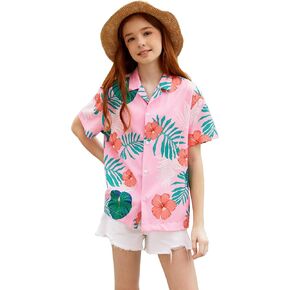 Betusline Girl's Button Down Beach Shirts Hawaiian Shirt Ploral Ploral Tropical Sleeve Short for Girl ، H Pink #1 ، 4-5T = Tag 120