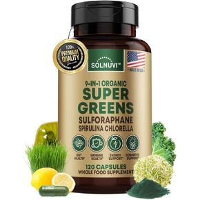 Organic Super Greens Superfood Capsules Supplement - Spirulina, Chlorella, Wheatgrass, Kale Powder, Sulforaphane, Antioxidants - Gut Health, Digestion, Energy, Immunity Support - 120 Vegan Capsules