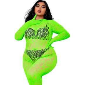 Plus Size Fishnet Bodysuit For Curvy Women, Full Leopard Body Stockings Rave Outfit, Sexy Lace Jumpsuit Festival Club