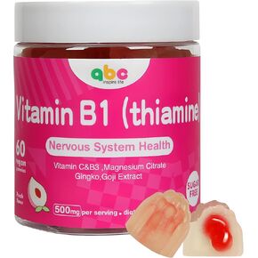 Vitamin B1 Gummies Chewable Thiamine 500mg & Vitamin B3 & Vitamin C,Sugar Free - Non GMO,Vegan,Natural Peach Flavor - Thiamine B1 Supplement for Adults & Kids