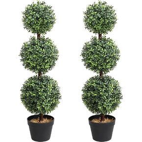 Topiary Balls Artificial Outdoor Set of 2, 35inch Artificial Boxwood Topiary Trees, Hold Nature Faux Boxwood Topiary Triple Ball Trees for Front Proch Home Garden Decor