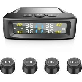 نظام مراقبة ضغط الإطارات Geloo ， نظام مراقبة ضغط الإطارات TPMS مع 4 مستشعرات خارجية و 6 أوضاع إنذار ، شحنة شمسية و USB ، سهلة التثبيت ، شاشة LCD في الوقت الفعلي ، وضع النوم التلقائي