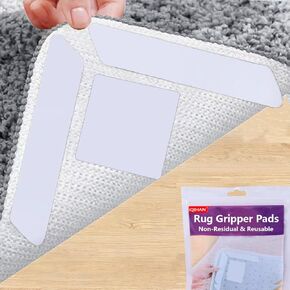 Rug Carpet Corner Grippers 12Pcs Rug Tape Pads Non Slip Rug Gripper for Hardwood Floors, Double Sided Reusable Carpet Corners to Hold Rugs in Place (White)