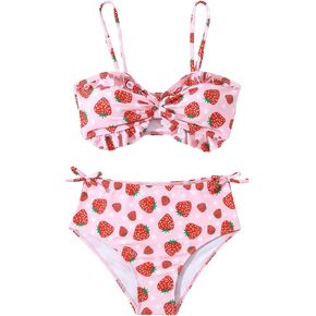 WDIRARA Girl's 2 Piece Strawberry Print Frill Trim Swimwear Set Ruched Bust Cute Summer Swimsuit