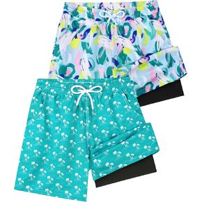 2 Pack Boys Swim Trunks with Compression Liner Kids Youth Swim Shorts Quick Dry Bathing Suit Swimwear Beach Shorts