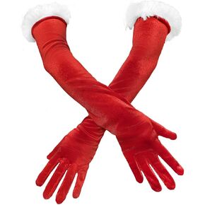 Women Red Long Velvet Gloves with White Furry Cuff Elbow Length Finger Gloves Christmas Santa Party Costume