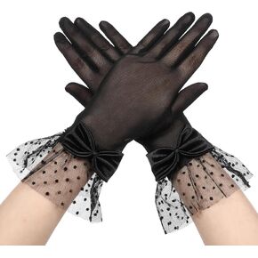 Lace Gloves Women Tea Party, Black Lace Gloves Women Vintage Short Mesh Bow Glove Courtesy Evening Elegant Accessories Glove for Opera Wedding Dinner 1920s Party