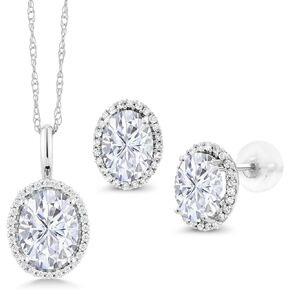 Gem Stone King White Moissanite and Diamond Halo Pendant and Earrings Jewelry Set For Women | 10K White Gold | Oval 8X6MM and 7X5MM | 3.83 Cttw | With 18 Inch Gold Chain