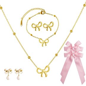 Coquette Bow Jewelry Set for Women, Bow Earrings Pink Bows for Hair Coquette Accessories Gold Bow Necklace Valentine Gifts