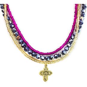 Four Way Medal Purple Crystal and Seed Bead 3 Layer Necklace & Catholic Bracelet Set,Crystal Necklace,Bead Necklace,Catholic Rosary,Rosarios Catolicos Para Mujer, Gemstone, crystal