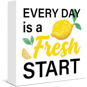 Kitchen Lemon Sign Decor Positive Every Day Is a Fresh Start Wood Block Plaque Sign Home Kitchen Shelf Wall Decor