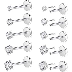 PunkTracker 20G 18G 16G Threadless Push in Nose Rings Studs Surgical Steel Pushin Nose Studs 1.5mm 2mm 2.5mm 3mm 4mm Cubic Zircon Nose Piercing Jewelry for Women Men 10Pcs