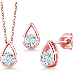 Gem Stone King 18K Rose Gold Plated Silver 5MM Round Gemstone Birthstone Teardrop Pendant Earrings Set | Jewelry Set for Women | With 18 Inch Chain
