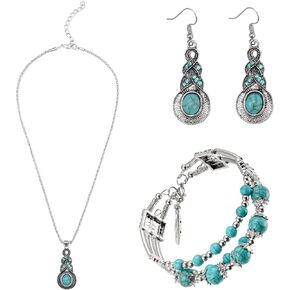 Yowivon Western Jewelry for Women Bohemian Turquoise Jewelry Set Vintage Leather Navajo Pearl Necklace Layer Necklaces Earrings Bracelets Boho Knuckle Rings