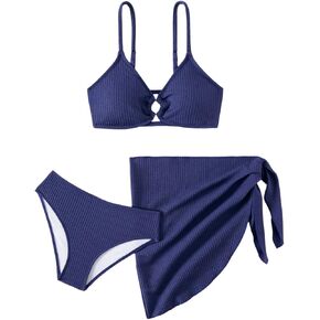 Oyoangle Girl's Swimsuit 3 قطعة خاتم محكم المرتبط بيكيني مع مجموعة تنورة على الشاطئ تستر على بدلات الاستحمام