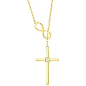 SISGEM 14K Real Gold Cross Necklace for Women,Yellow/White Gold Moissanite Infinity Cross Y-Necklaces,Anniversary Birthday Jewelry Present for Wife Mom 16''-18''