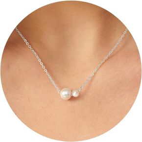 Pearl Necklace: 14K White Gold-Plated Pearl Pendant Necklace for Women Station Choker Y-necklace 16.5" + 2"