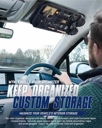 Wynex Molle Car Sun Visor منظم ، وملحقات للسيارات مع حقيبة تخزين Zipper و Clips Clip ، ولوحة Molle شبه الصخرية مع التصحيح للتروس التكتيكية ، وتلائم معظم المركبات ، وسيارات الدفع الرباعي ، والشاحنات in Kuwait