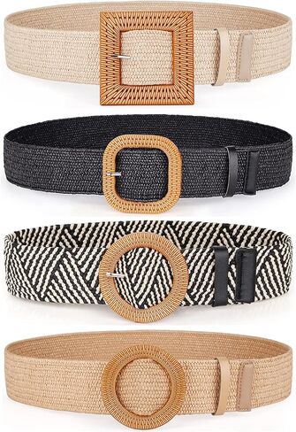 Women Belts For Dresses, Elastic Straw Rattan Waist Band With Large Buckle in Saudi Arabia